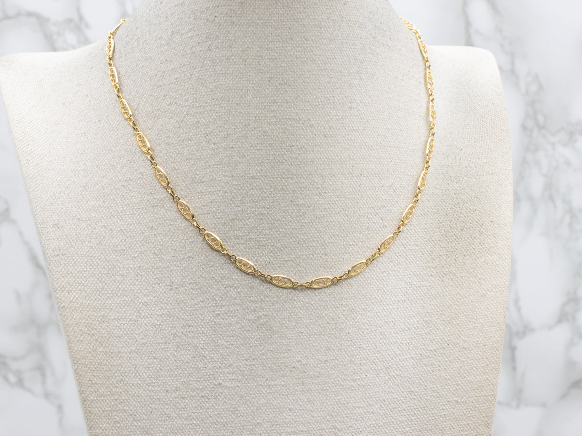 Vintage Gold Filigree Link Chain with Engraved Clasp