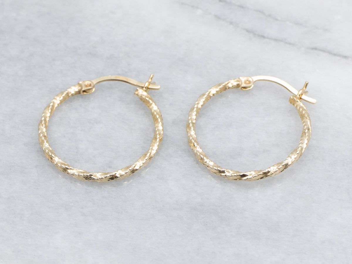 Twisted Grooved Edge Yellow Gold Hoop Earrings