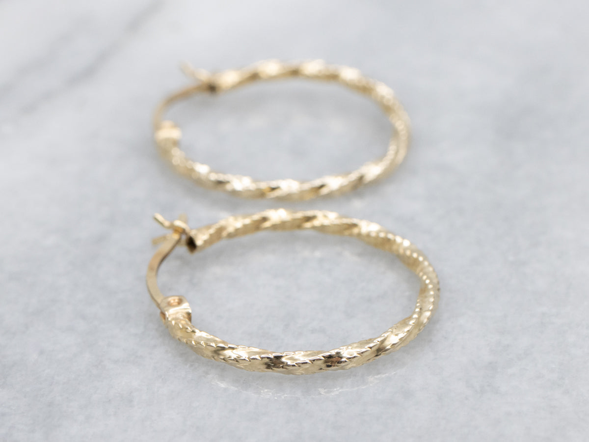 Twisted Grooved Edge Yellow Gold Hoop Earrings