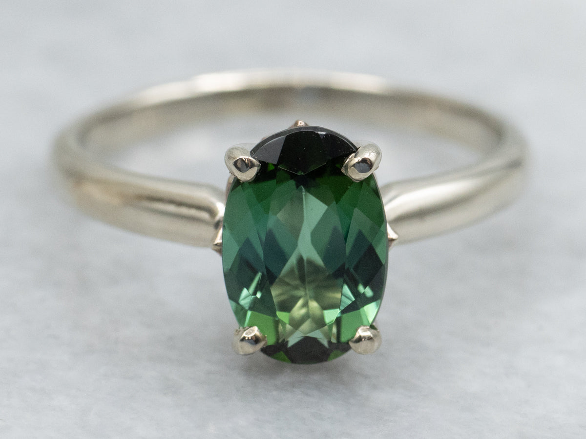 Oval Cut Green Tourmaline White Gold Solitaire Ring