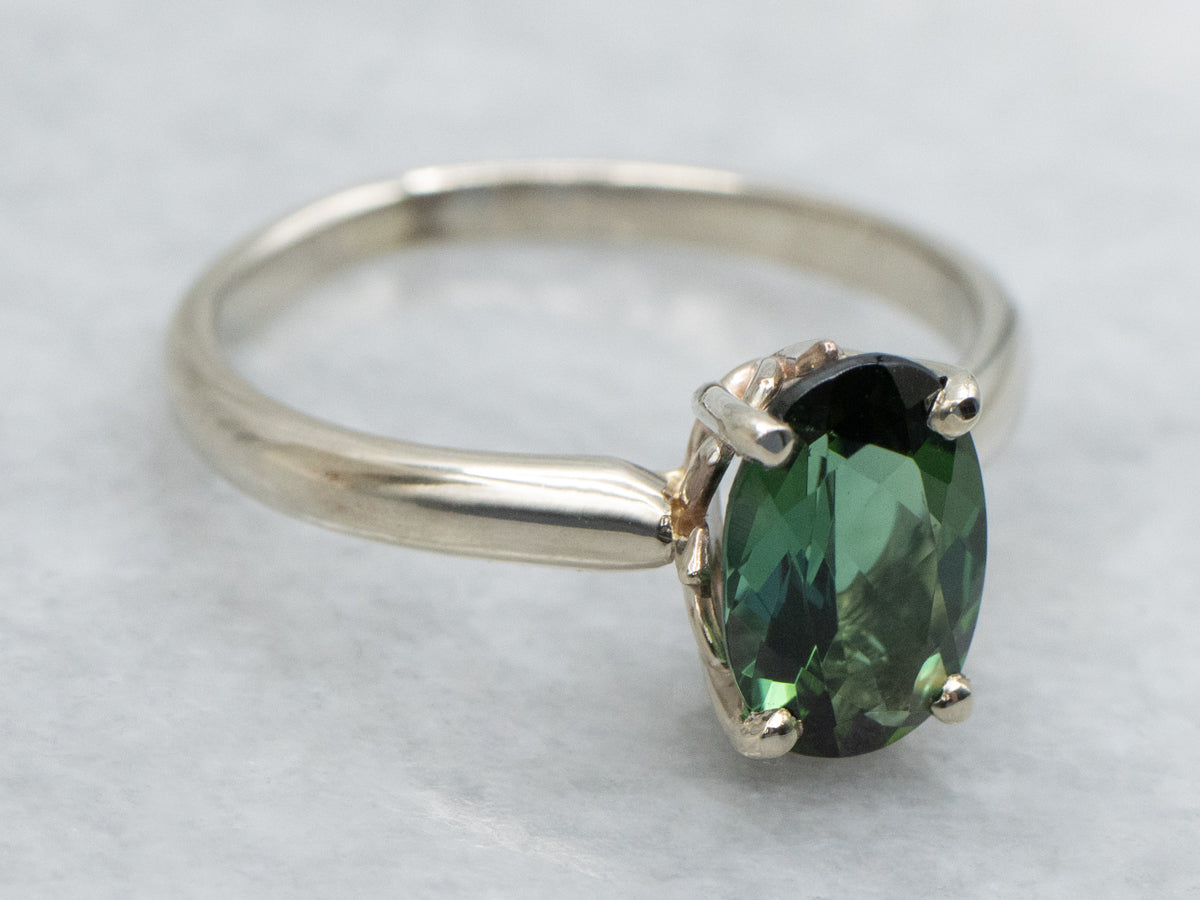 Oval Cut Green Tourmaline White Gold Solitaire Ring