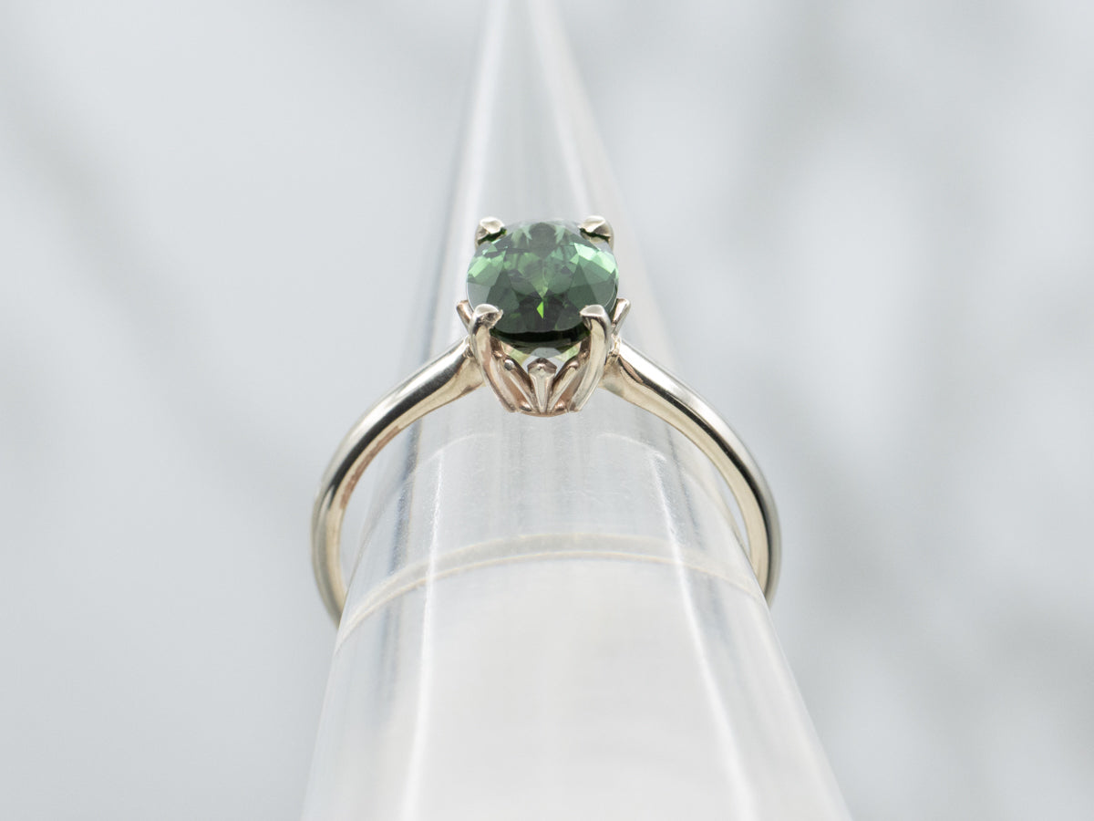 Oval Cut Green Tourmaline White Gold Solitaire Ring