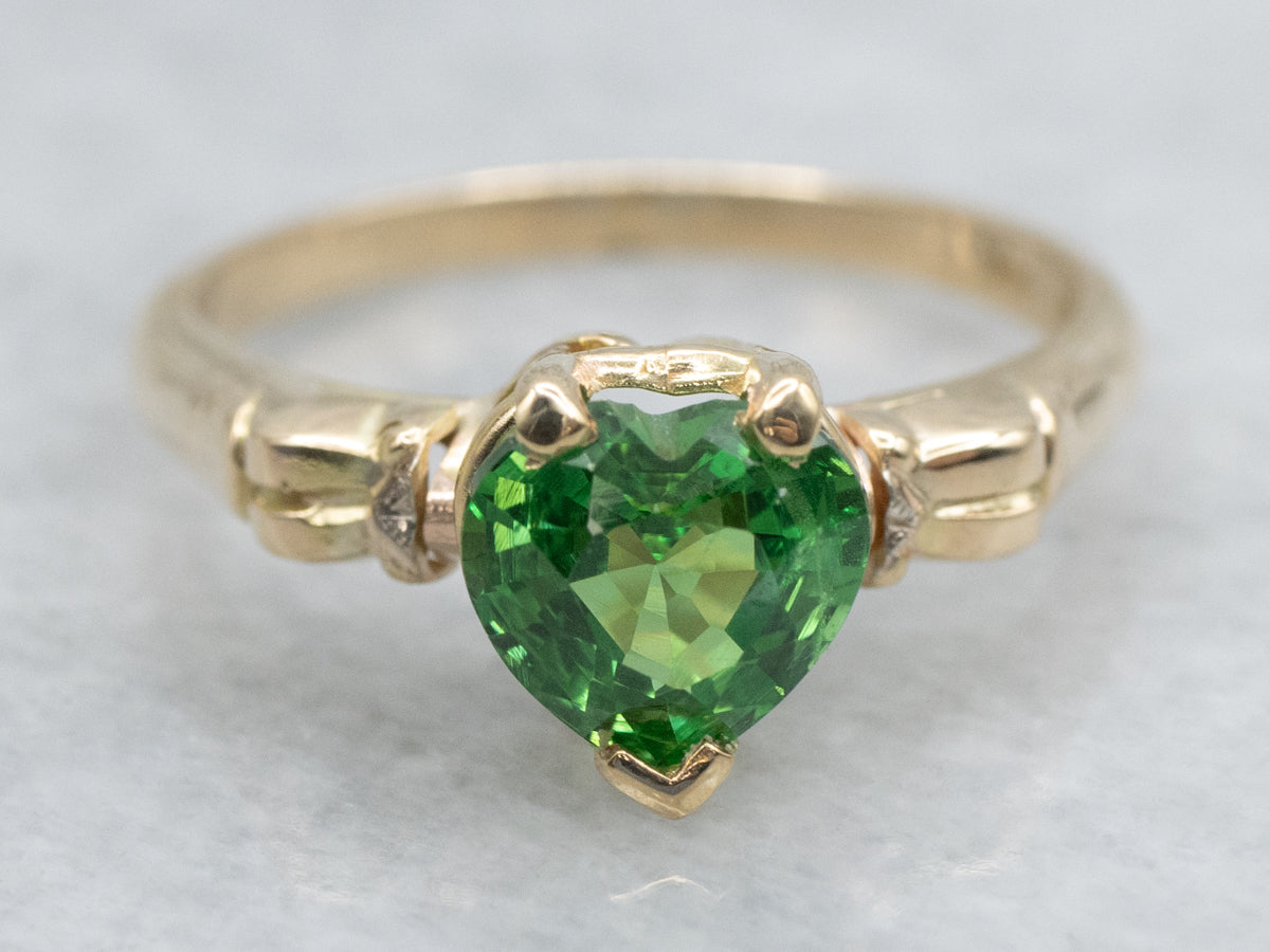 Heart-Shaped Green Garnet in Vintage Yellow Gold Solitaire Ring