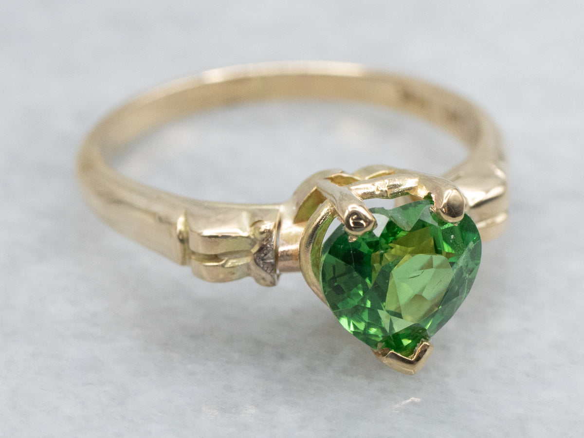 Heart-Shaped Green Garnet in Vintage Yellow Gold Solitaire Ring