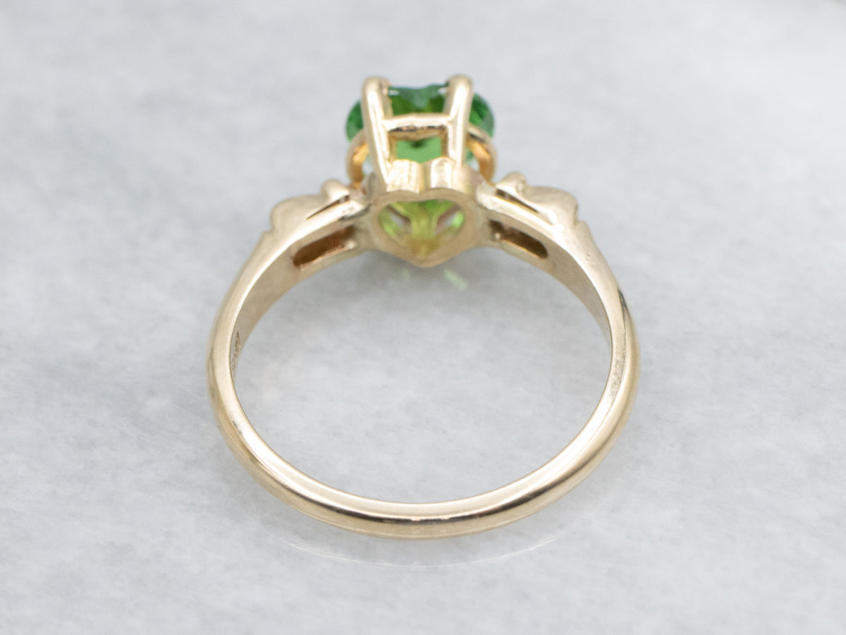 Heart-Shaped Green Garnet in Vintage Yellow Gold Solitaire Ring