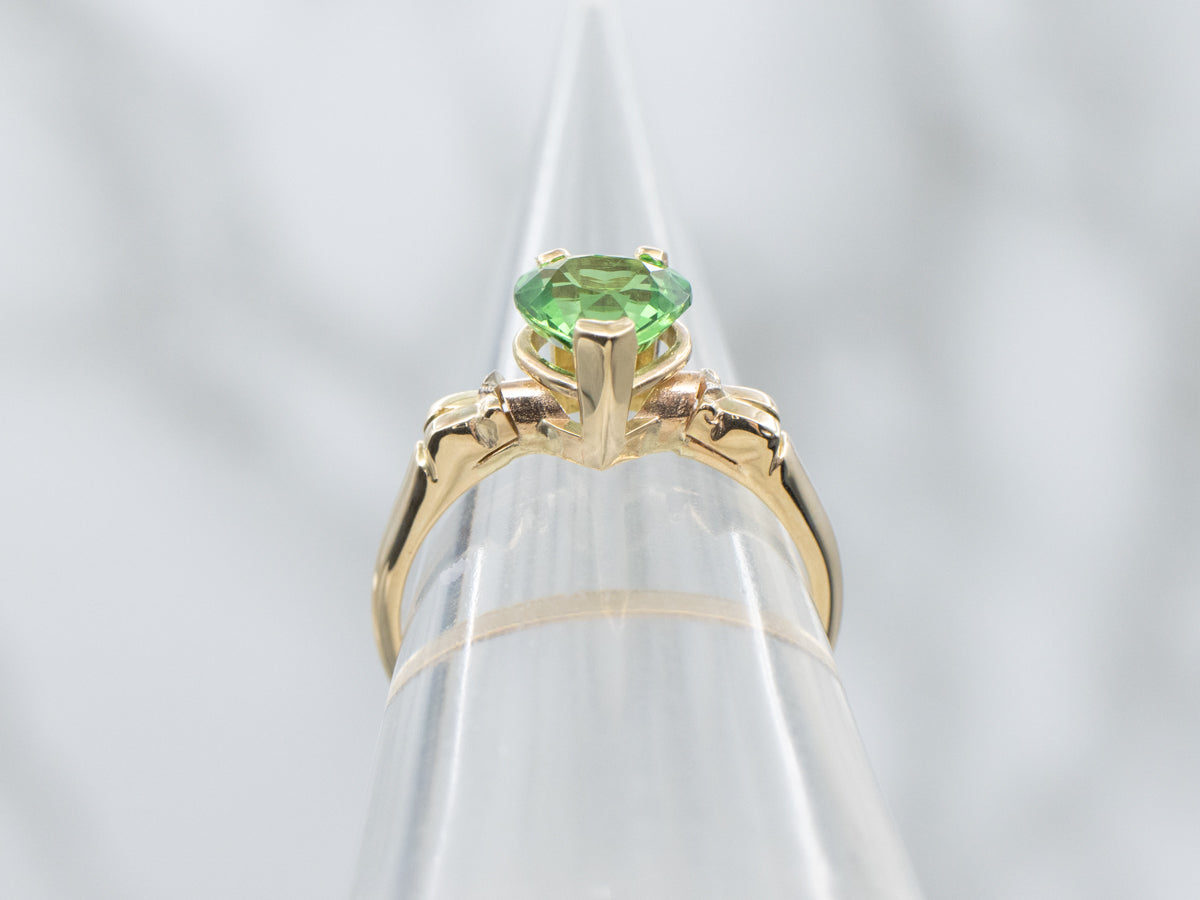 Heart-Shaped Green Garnet in Vintage Yellow Gold Solitaire Ring