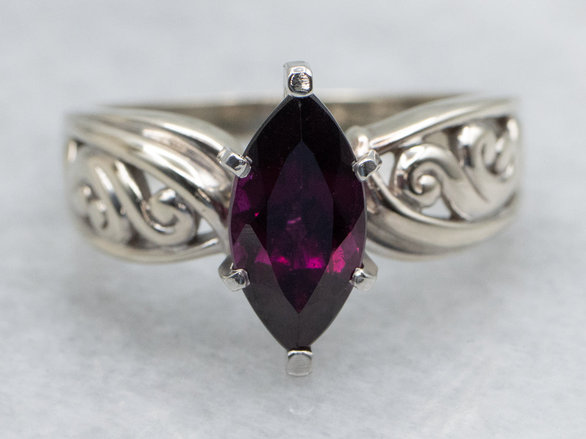 Scrolling White Gold Marquise-Cut Rhodolite Garnet Ring
