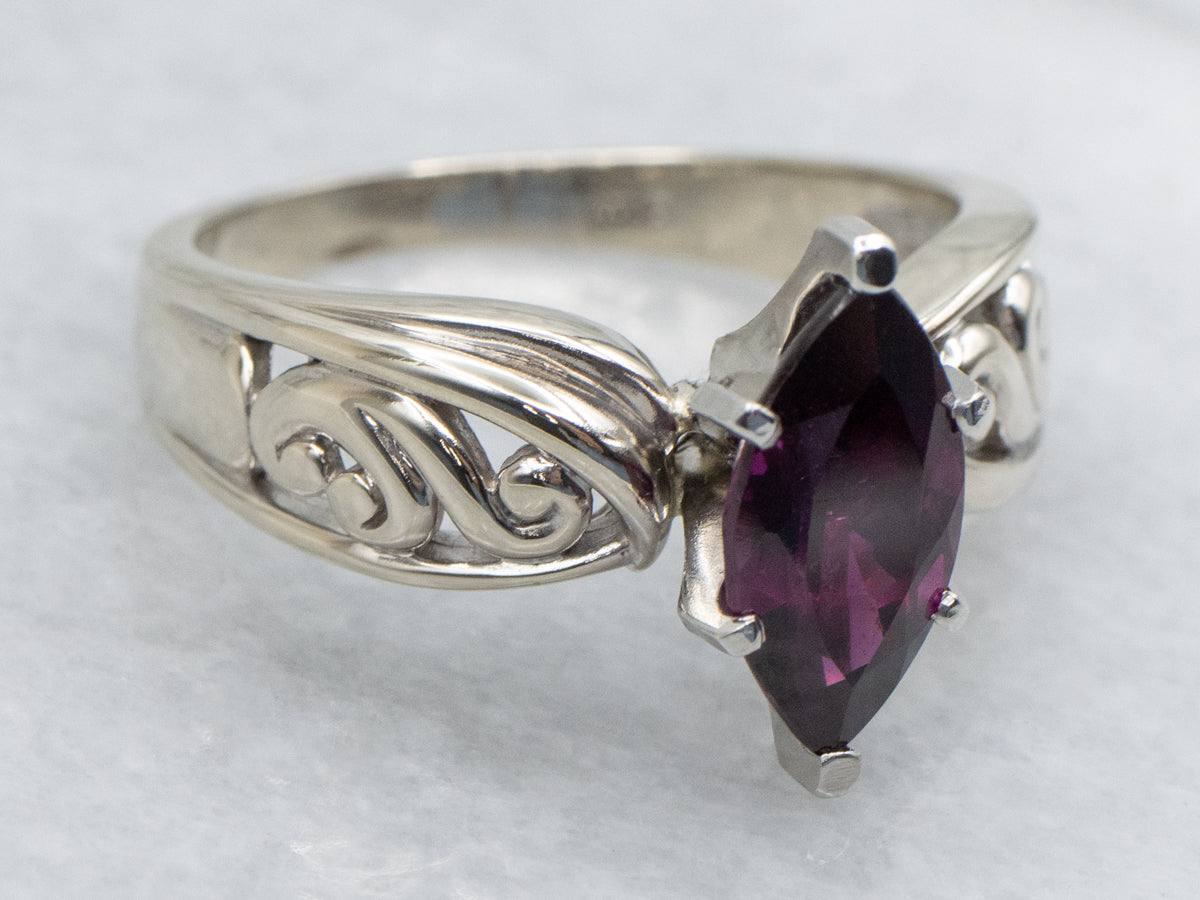 Scrolling White Gold Marquise-Cut Rhodolite Garnet Ring