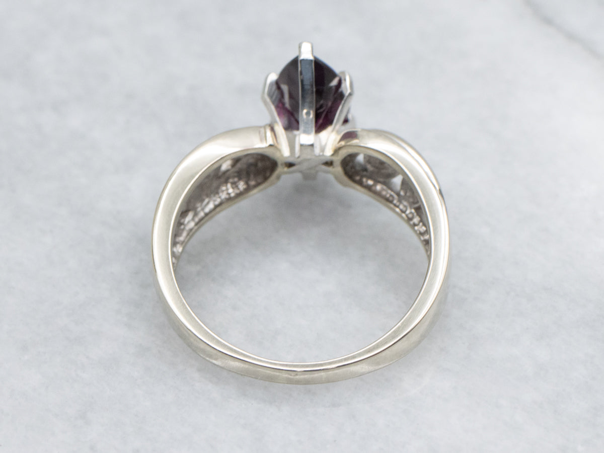 Scrolling White Gold Marquise-Cut Rhodolite Garnet Ring