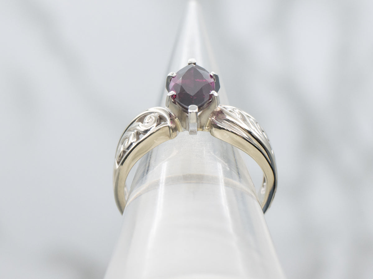 Scrolling White Gold Marquise-Cut Rhodolite Garnet Ring