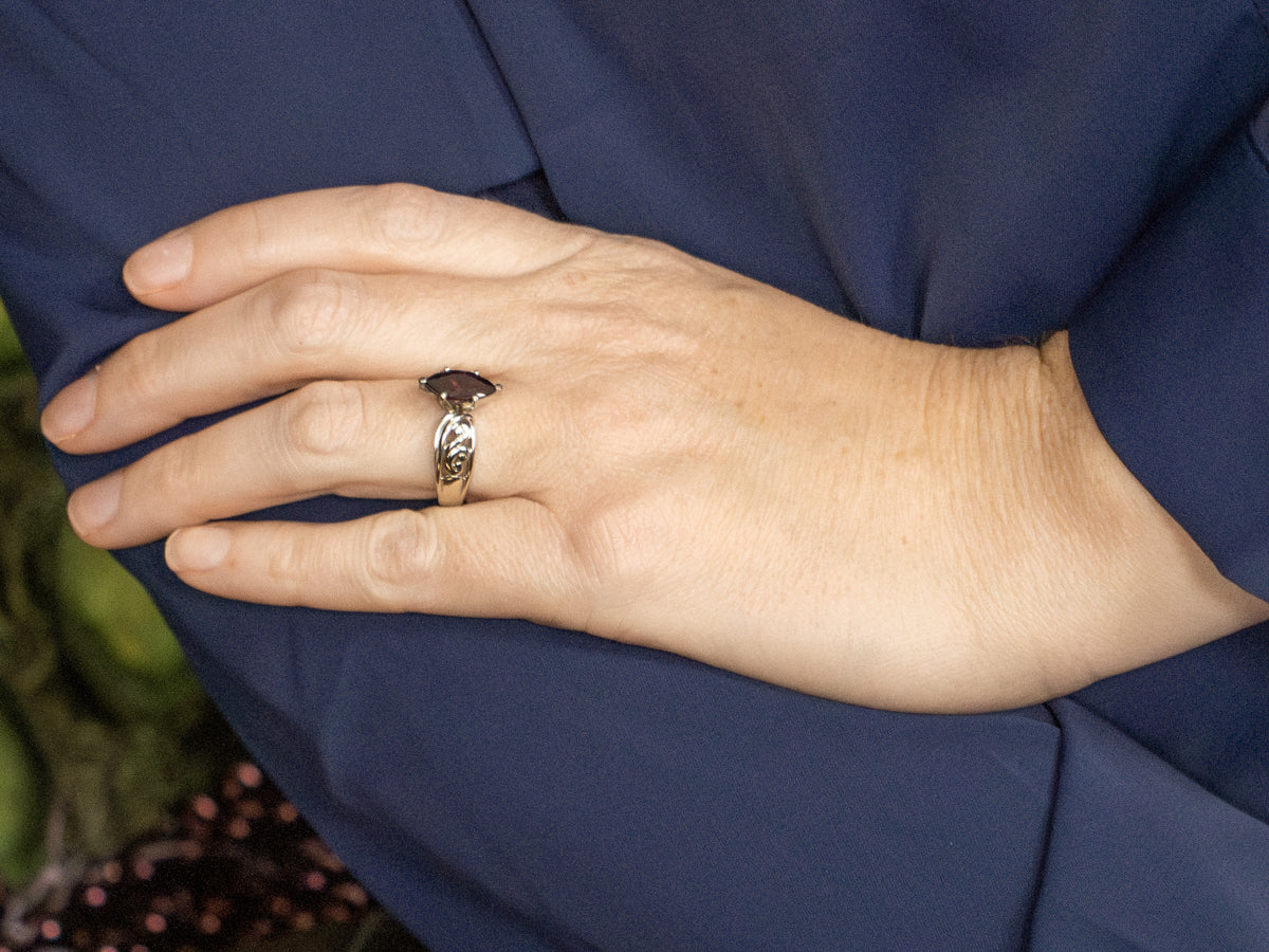 Scrolling White Gold Marquise-Cut Rhodolite Garnet Ring