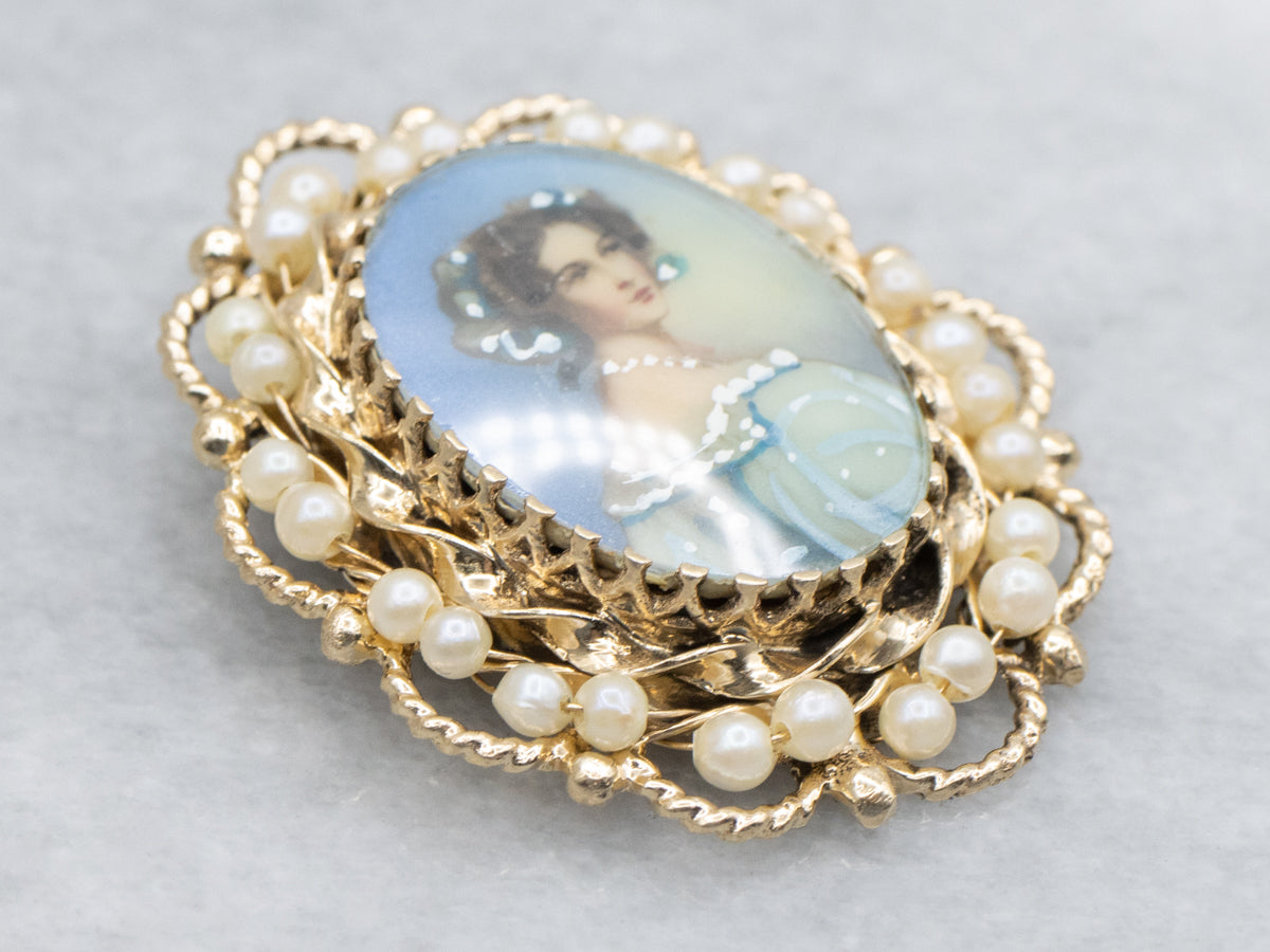 Vintage Gold Hand-Painted Enamel Porcelain and Pearl Brooch