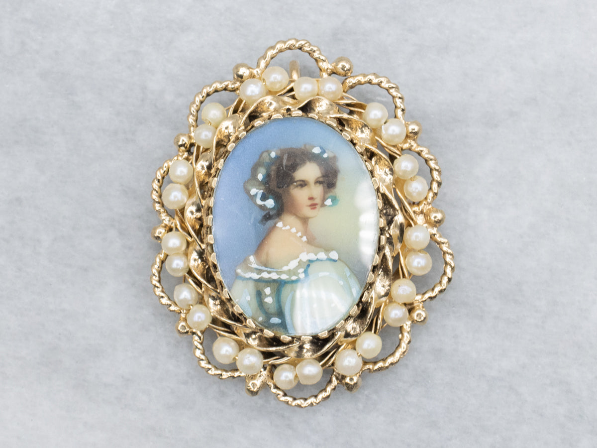 Vintage Gold Hand-Painted Enamel Porcelain and Pearl Brooch