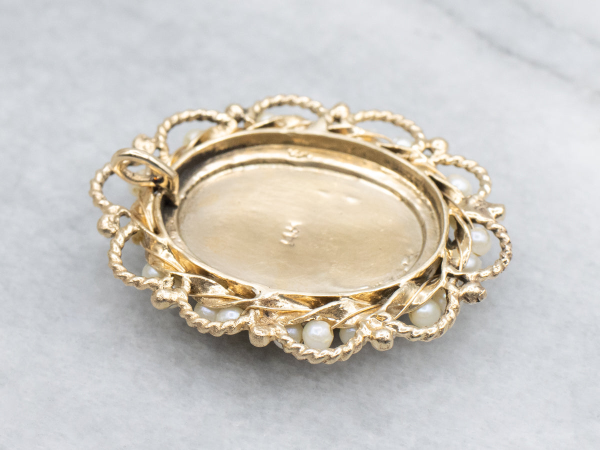 Vintage Gold Hand-Painted Enamel Porcelain and Pearl Brooch