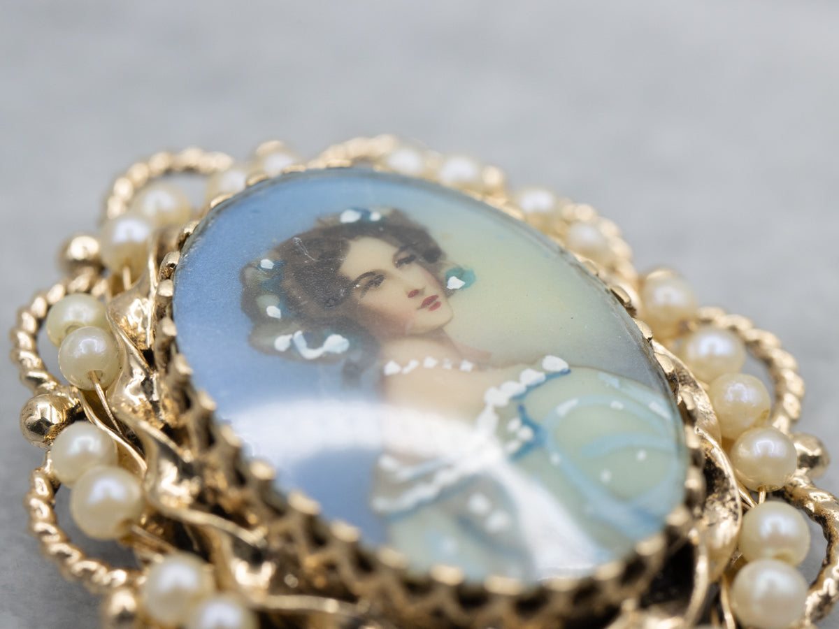 Vintage Gold Hand-Painted Enamel Porcelain and Pearl Brooch
