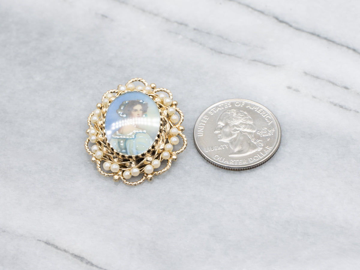 Vintage Gold Hand-Painted Enamel Porcelain and Pearl Brooch