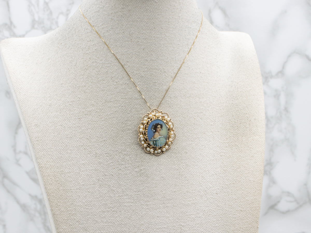 Vintage Gold Hand-Painted Enamel Porcelain and Pearl Brooch