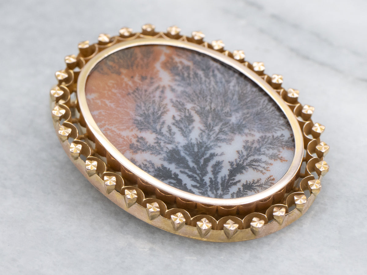 Dendritic Agate Vintage Gold Brooch or Pendant