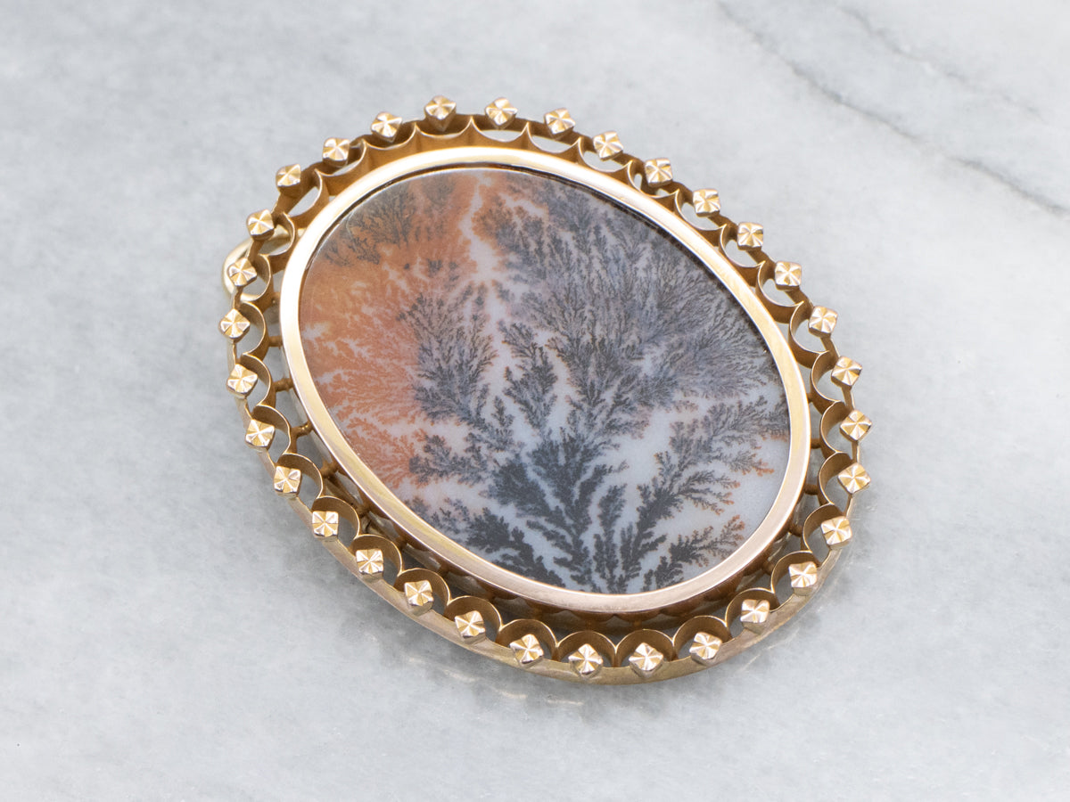 Dendritic Agate Vintage Gold Brooch or Pendant