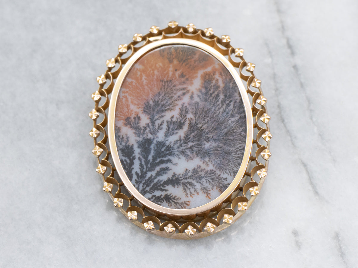 Dendritic Agate Vintage Gold Brooch or Pendant