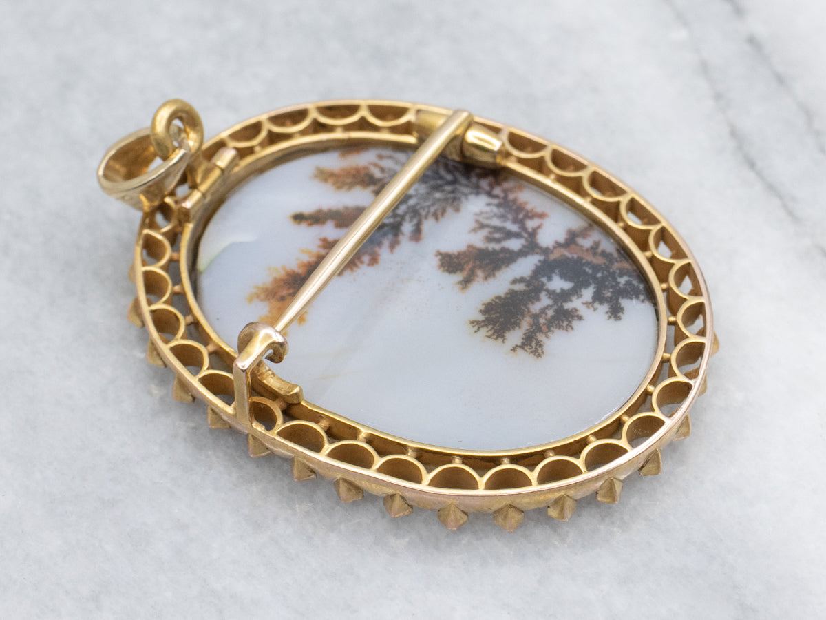Dendritic Agate Vintage Gold Brooch or Pendant