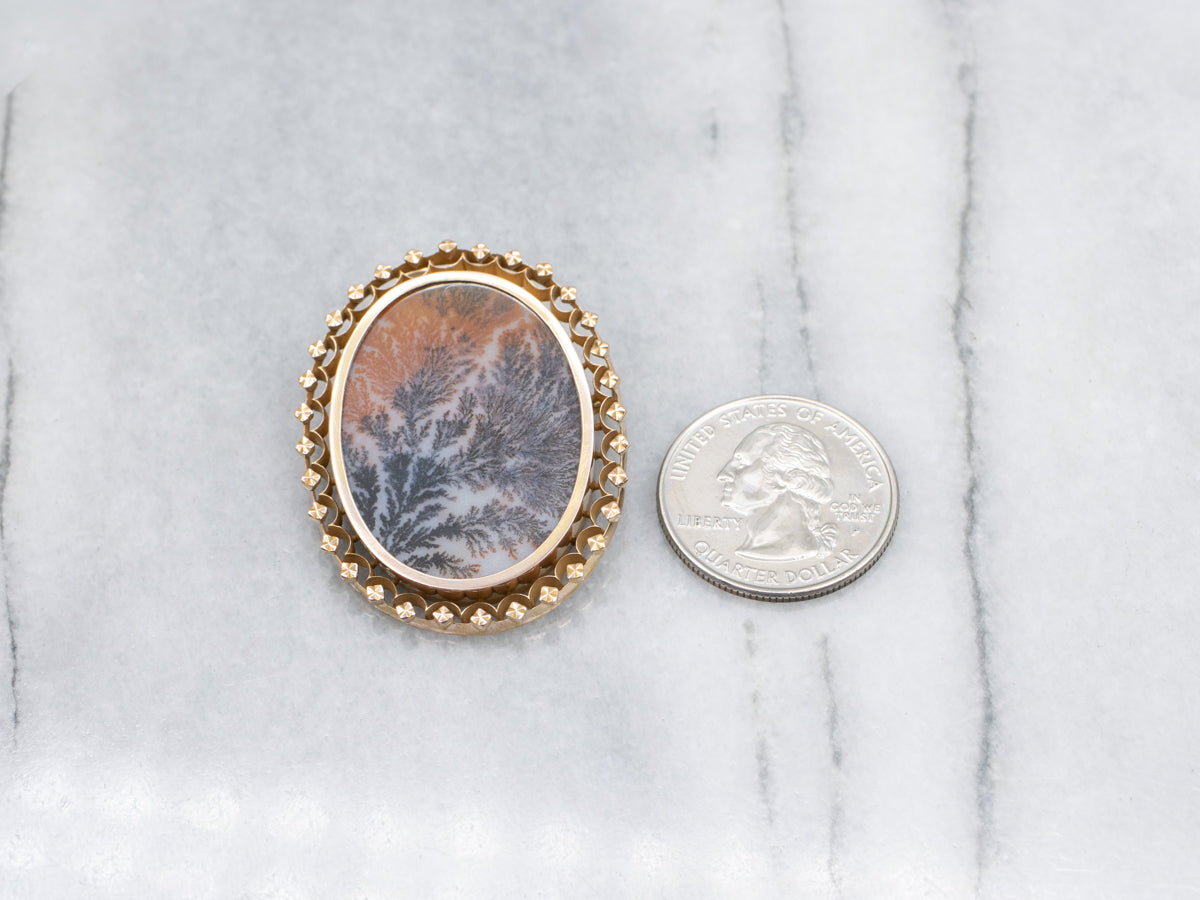 Dendritic Agate Vintage Gold Brooch or Pendant