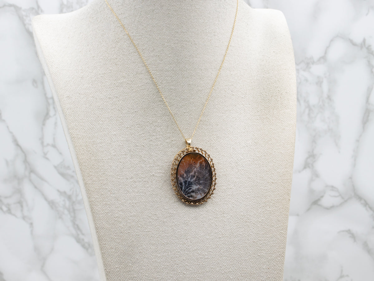 Dendritic Agate Vintage Gold Brooch or Pendant