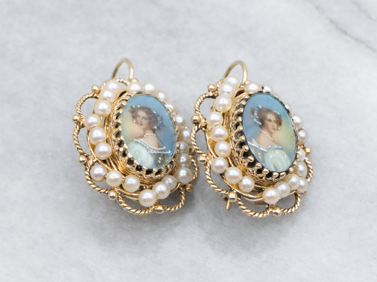 Vintage Gold Hand-Painted Enamel Porcelain and Pearl Earrings