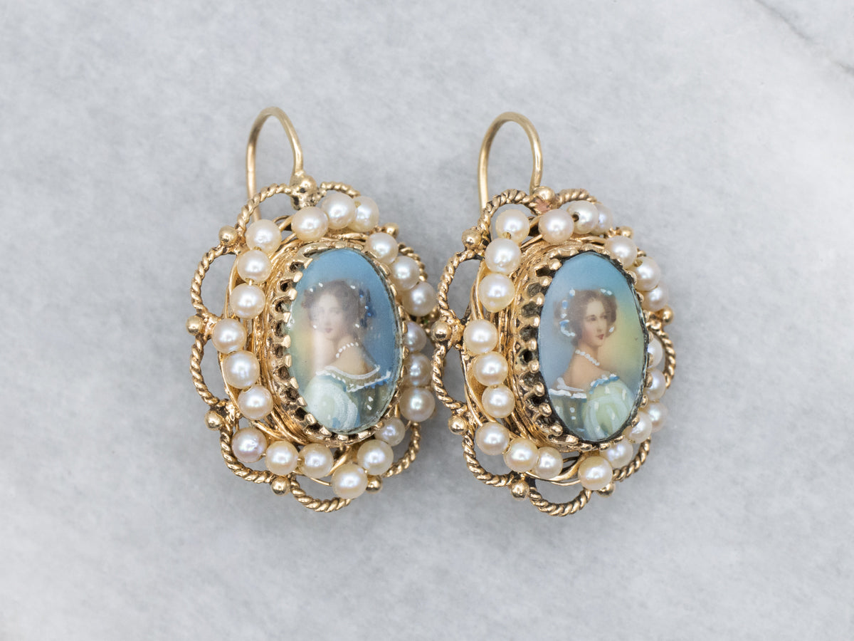 Vintage Gold Hand-Painted Enamel Porcelain and Pearl Earrings