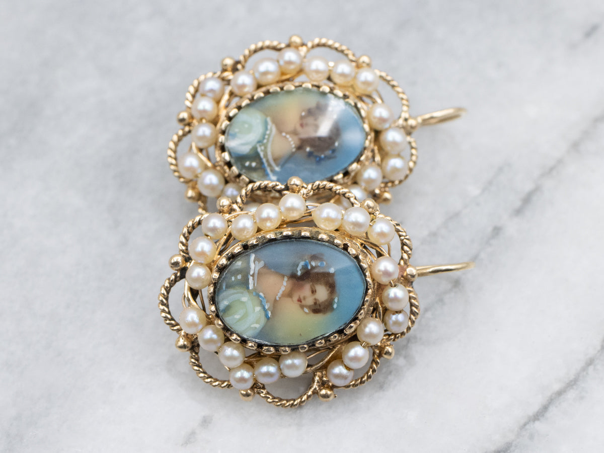 Vintage Gold Hand-Painted Enamel Porcelain and Pearl Earrings