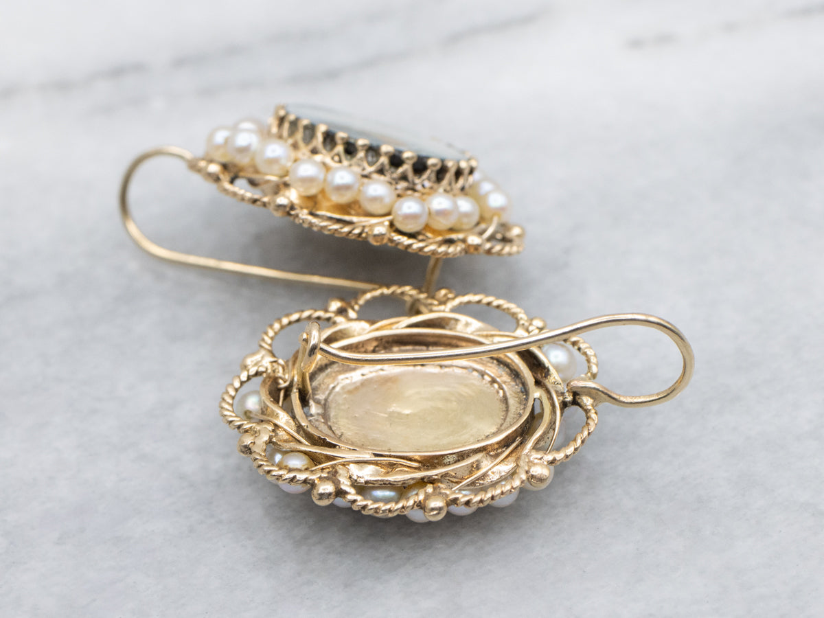 Vintage Gold Hand-Painted Enamel Porcelain and Pearl Earrings