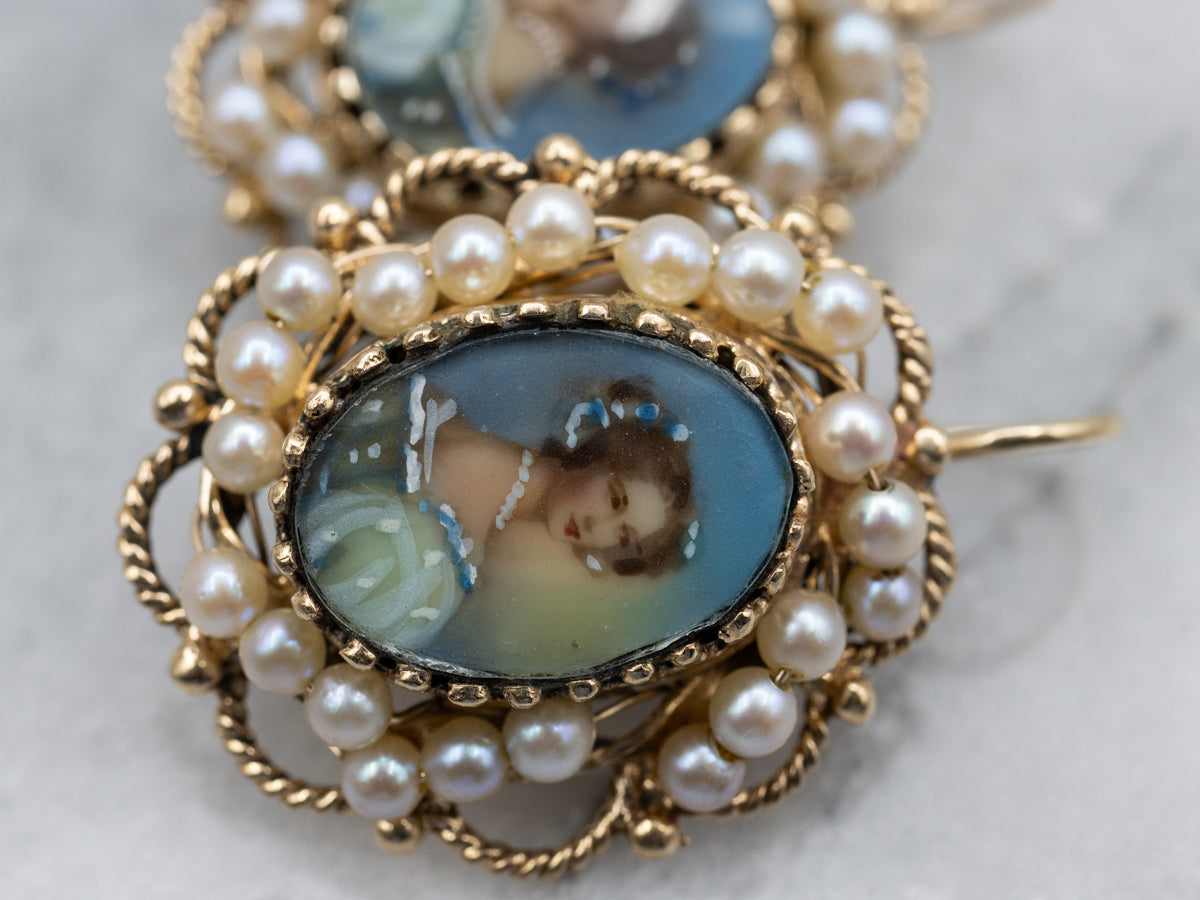 Vintage Gold Hand-Painted Enamel Porcelain and Pearl Earrings