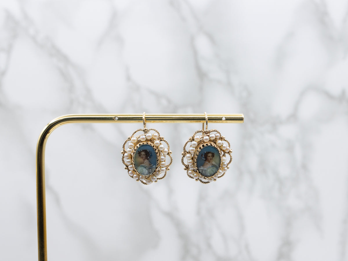 Vintage Gold Hand-Painted Enamel Porcelain and Pearl Earrings