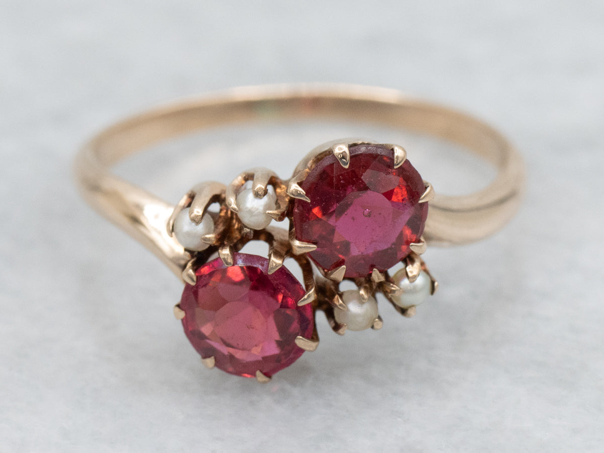 Antique Ruby Doublet and Seed Pearl Rose Gold Bypass Ring