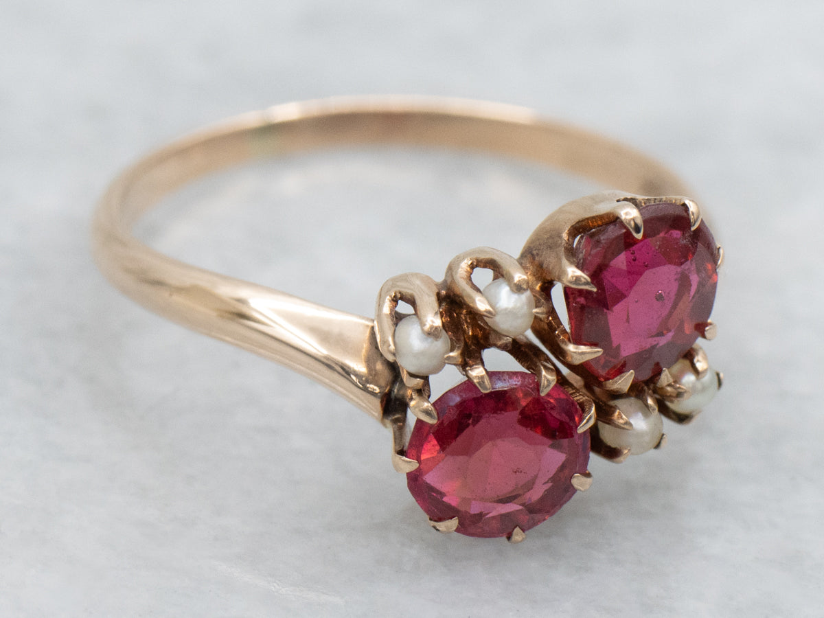 Antique Ruby Doublet and Seed Pearl Rose Gold Bypass Ring