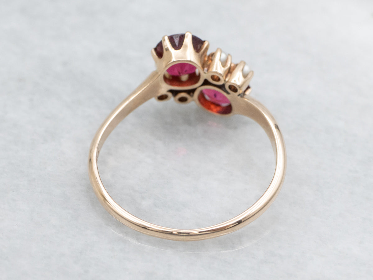 Antique Ruby Doublet and Seed Pearl Rose Gold Bypass Ring