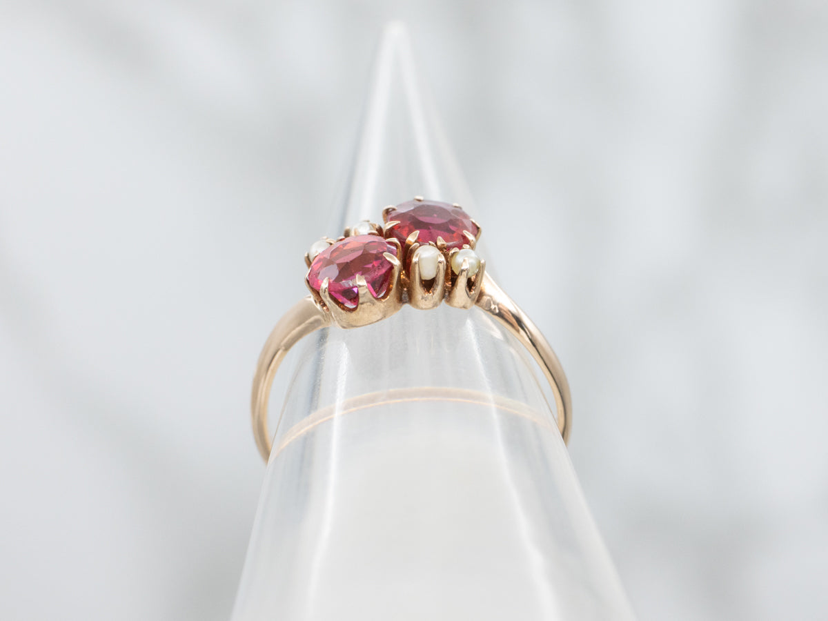 Antique Ruby Doublet and Seed Pearl Rose Gold Bypass Ring