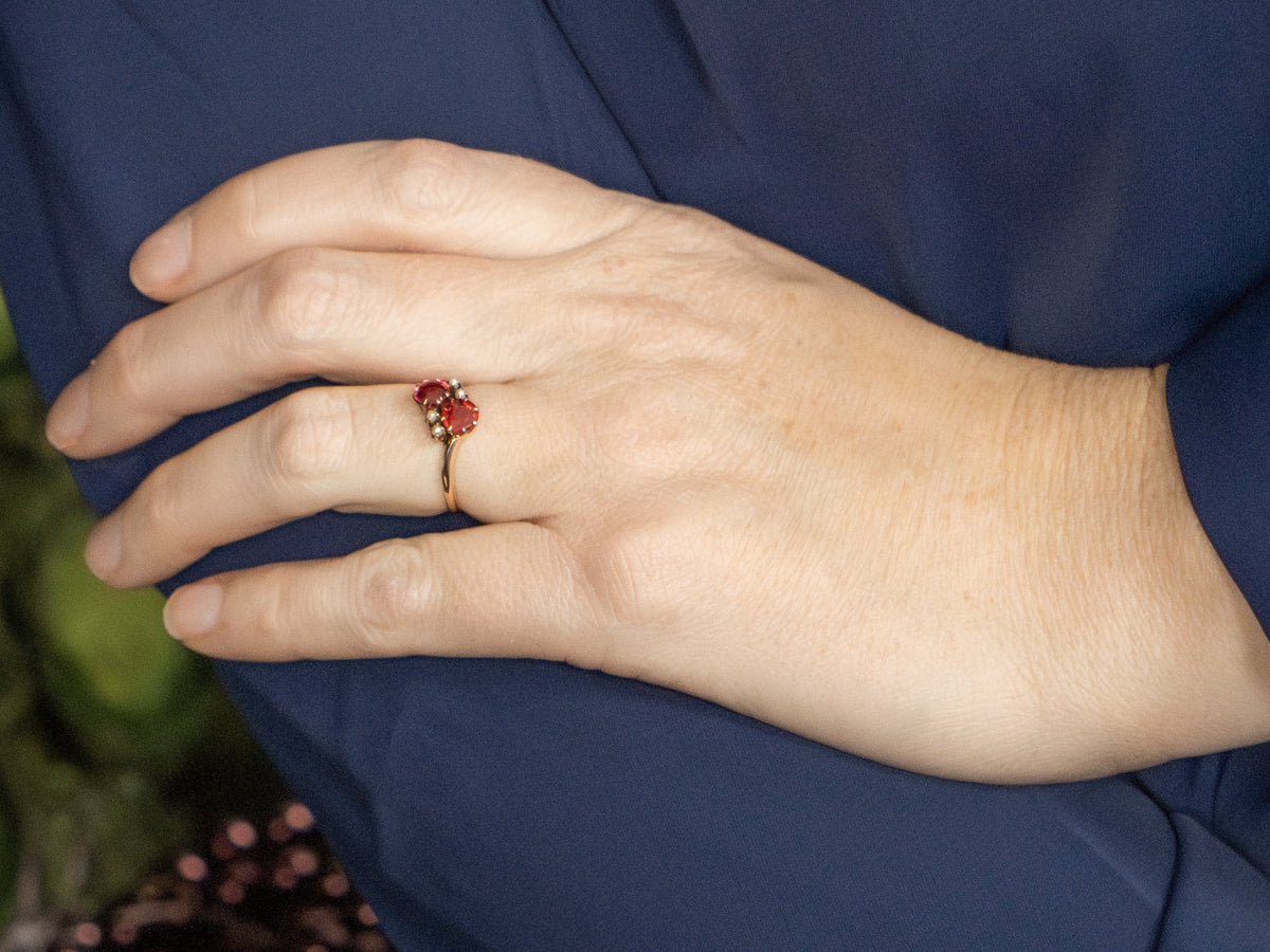 Antique Ruby Doublet and Seed Pearl Rose Gold Bypass Ring