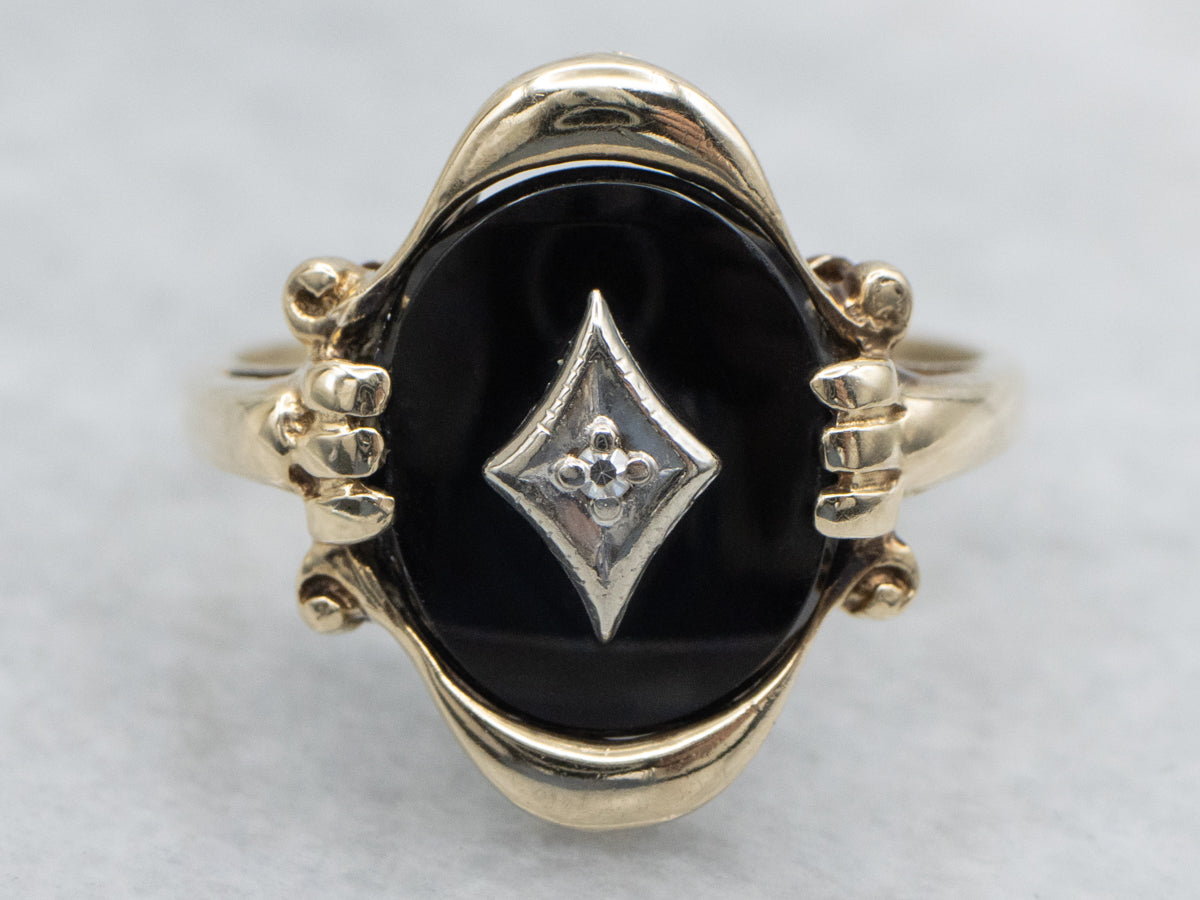Vintage Gold Black Onyx and Diamond Ladies Ring
