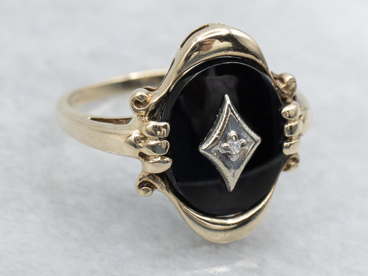 Vintage Gold Black Onyx and Diamond Ladies Ring