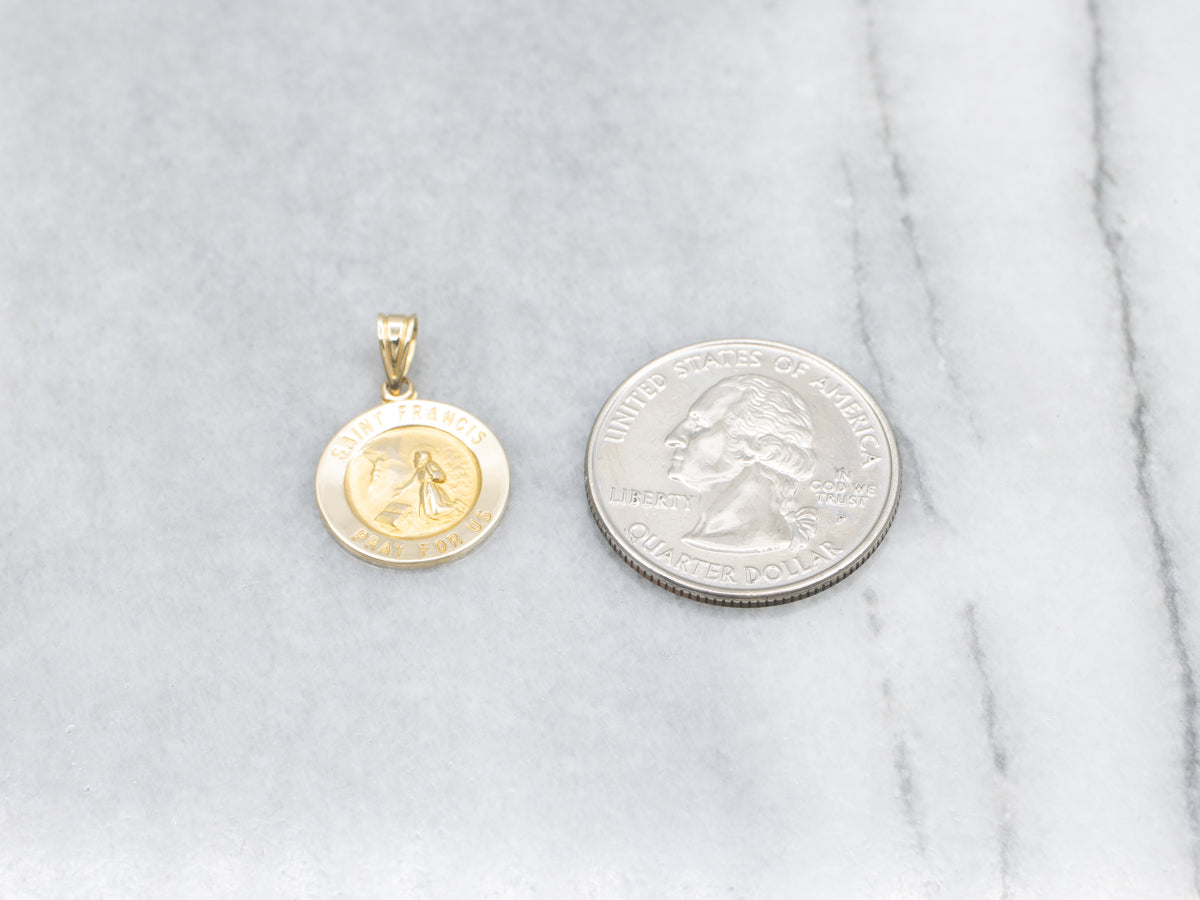 Saint Francis Yellow Gold Religious Disc Pendant