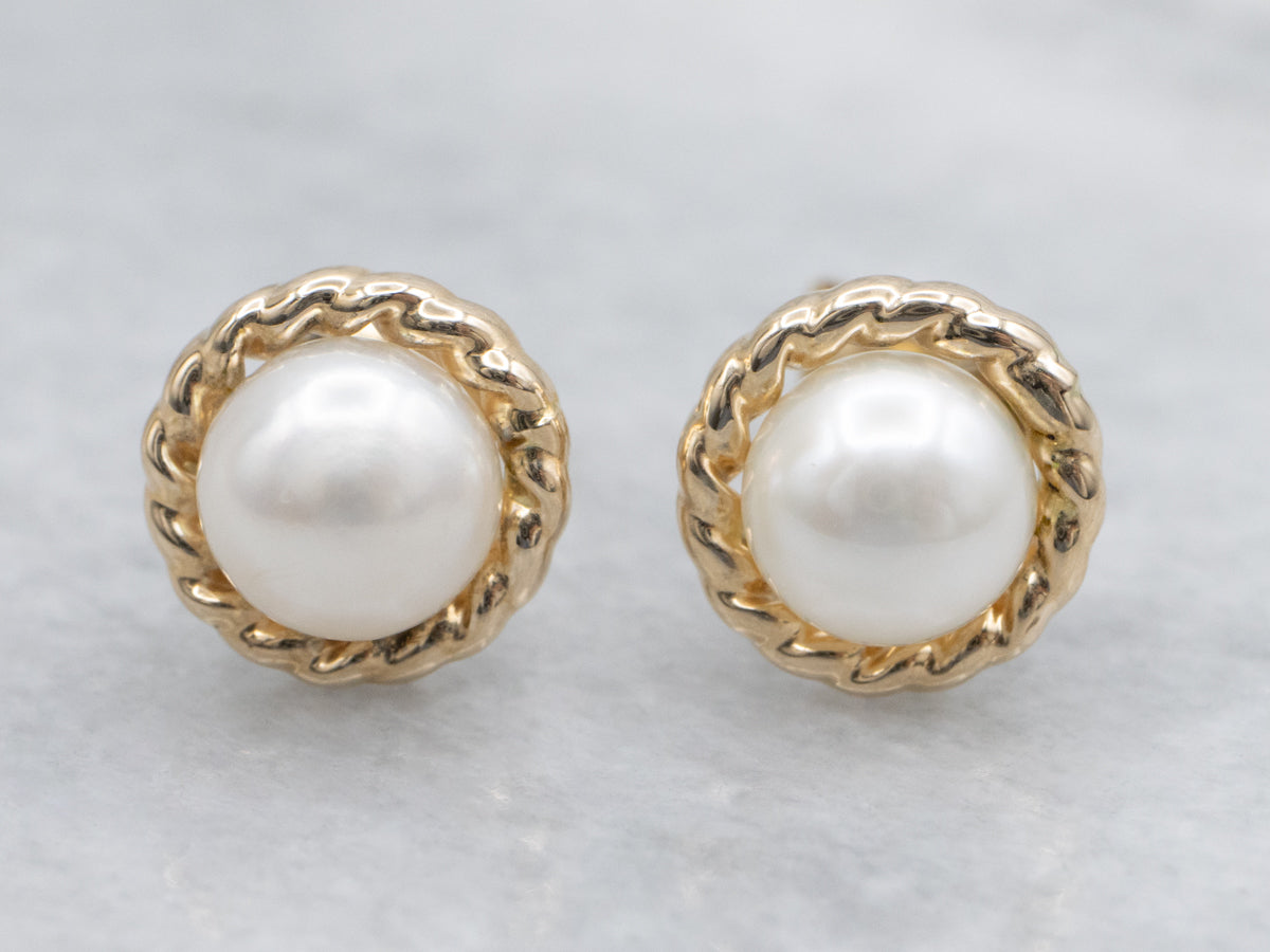 Nautical Gold Button Pearl Stud Earrings
