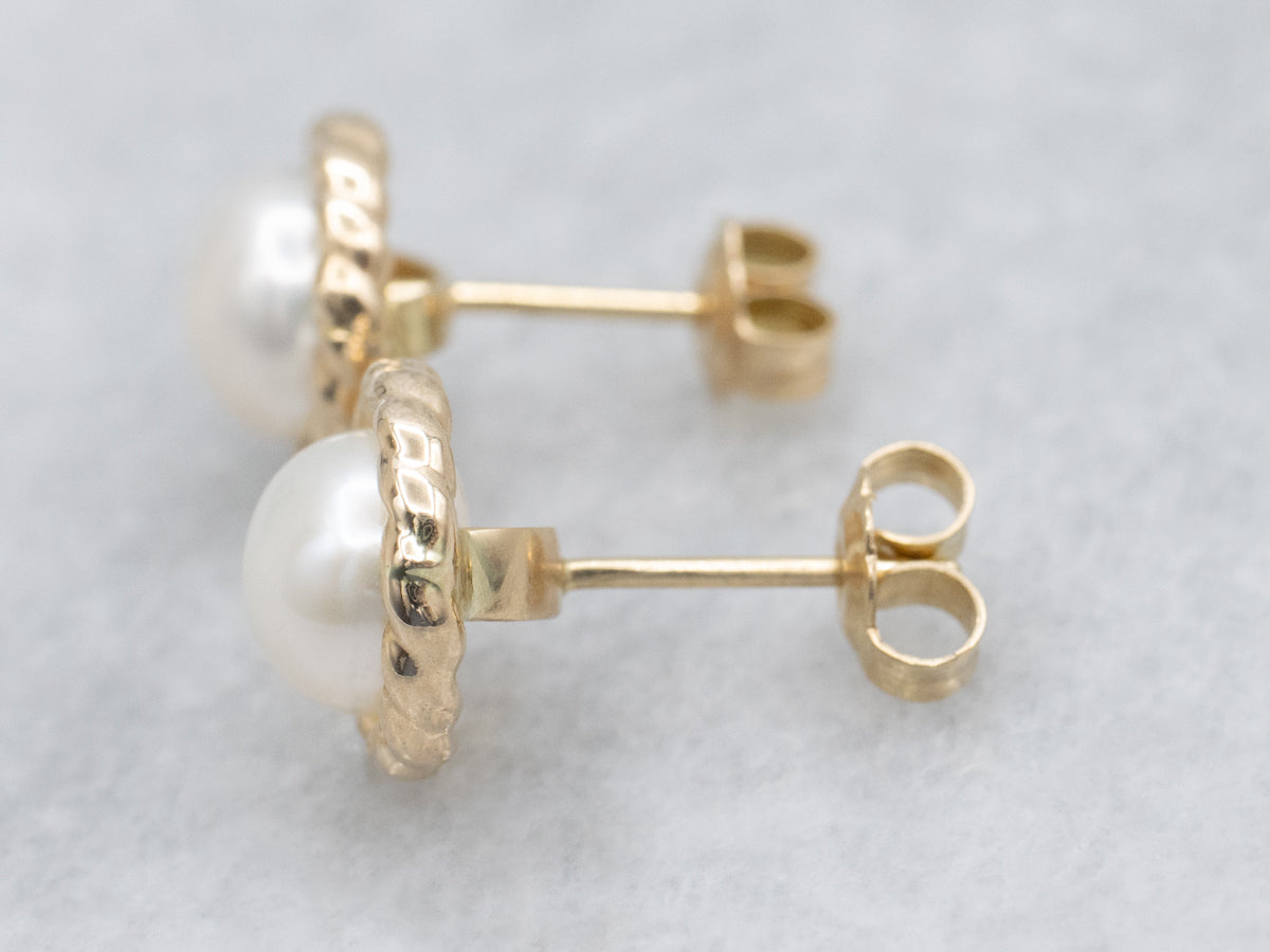 Nautical Gold Button Pearl Stud Earrings