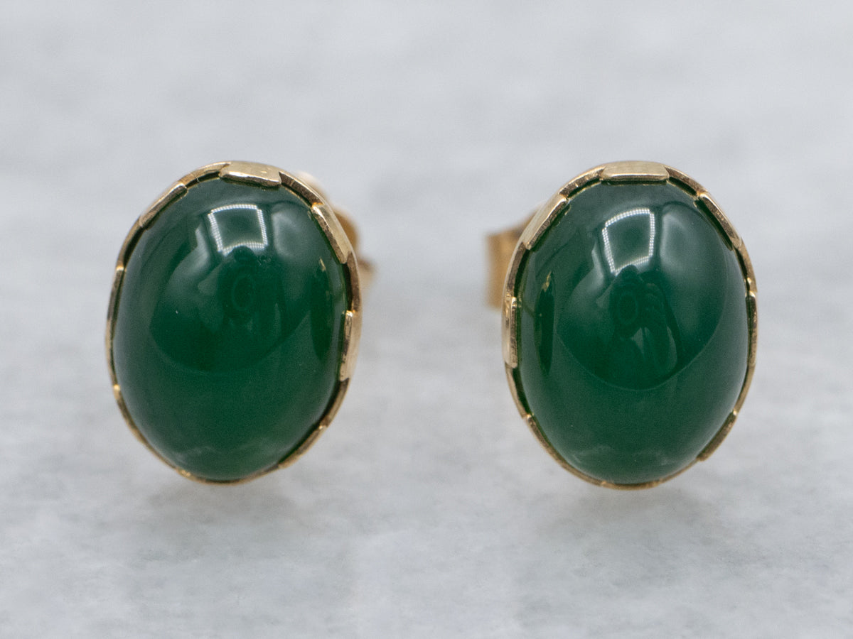 Vintage Green Onyx Yellow Gold Cabochon Stud Earrings