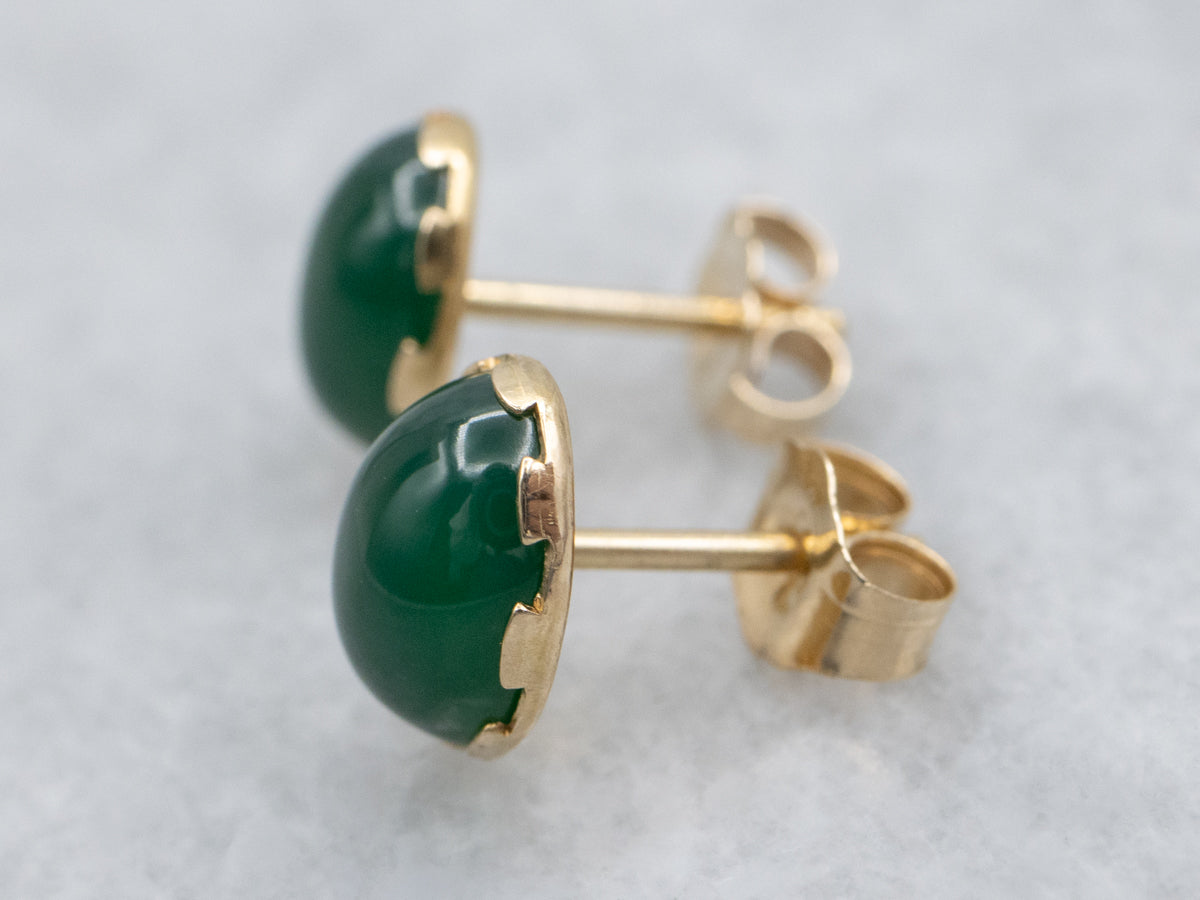 Vintage Green Onyx Yellow Gold Cabochon Stud Earrings