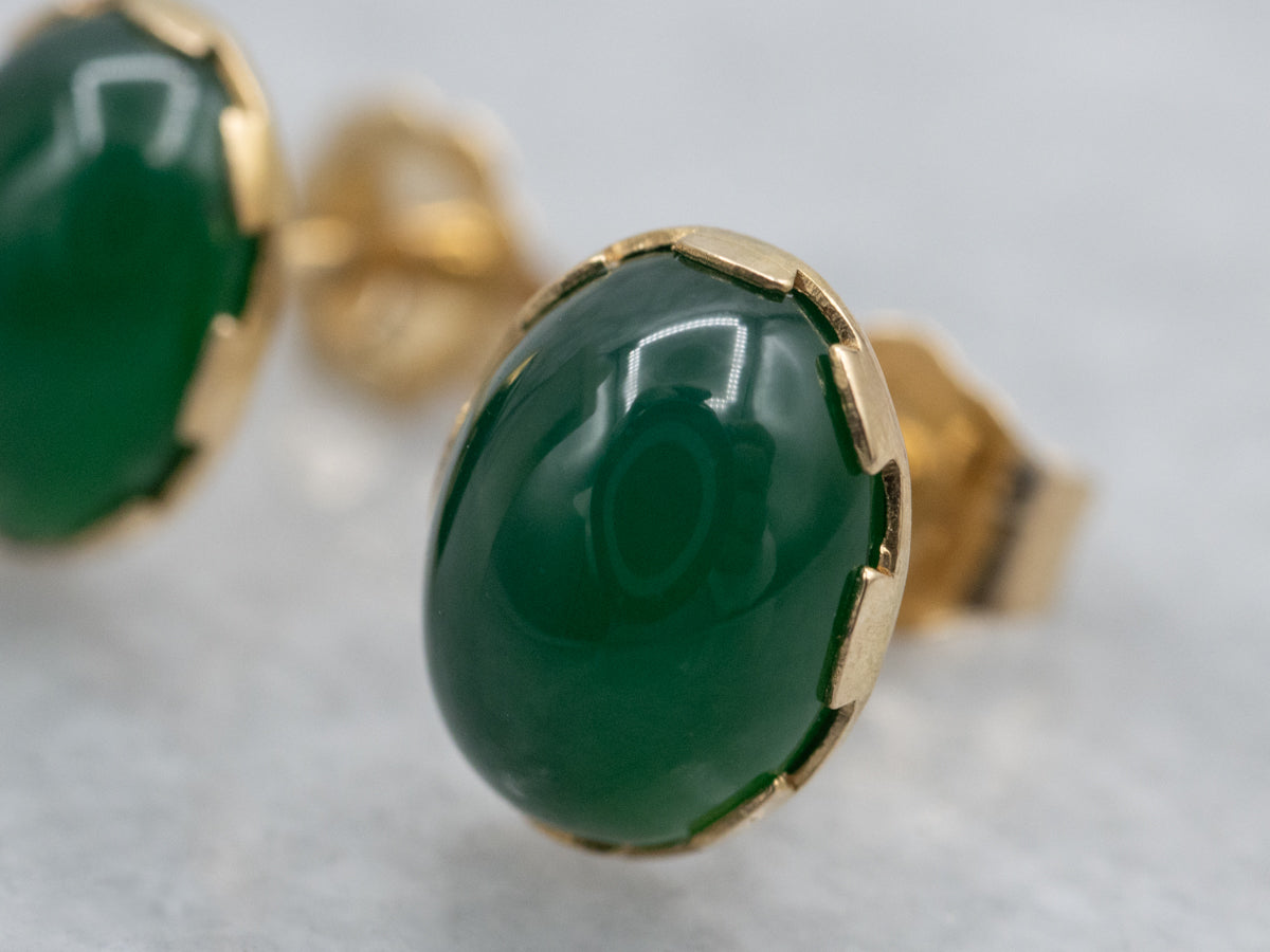 Vintage Green Onyx Yellow Gold Cabochon Stud Earrings
