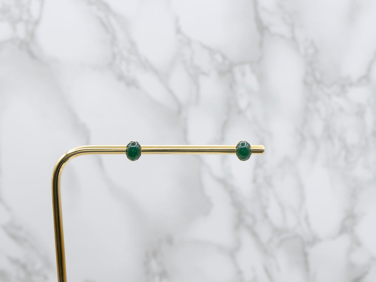 Vintage Green Onyx Yellow Gold Cabochon Stud Earrings
