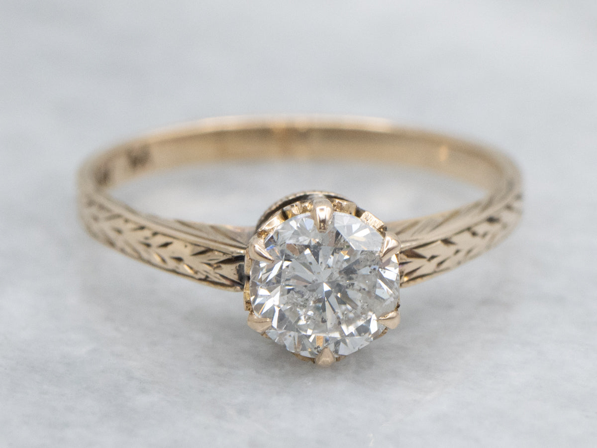 Antique Engraved Gold Diamond Solitaire Engagement Ring