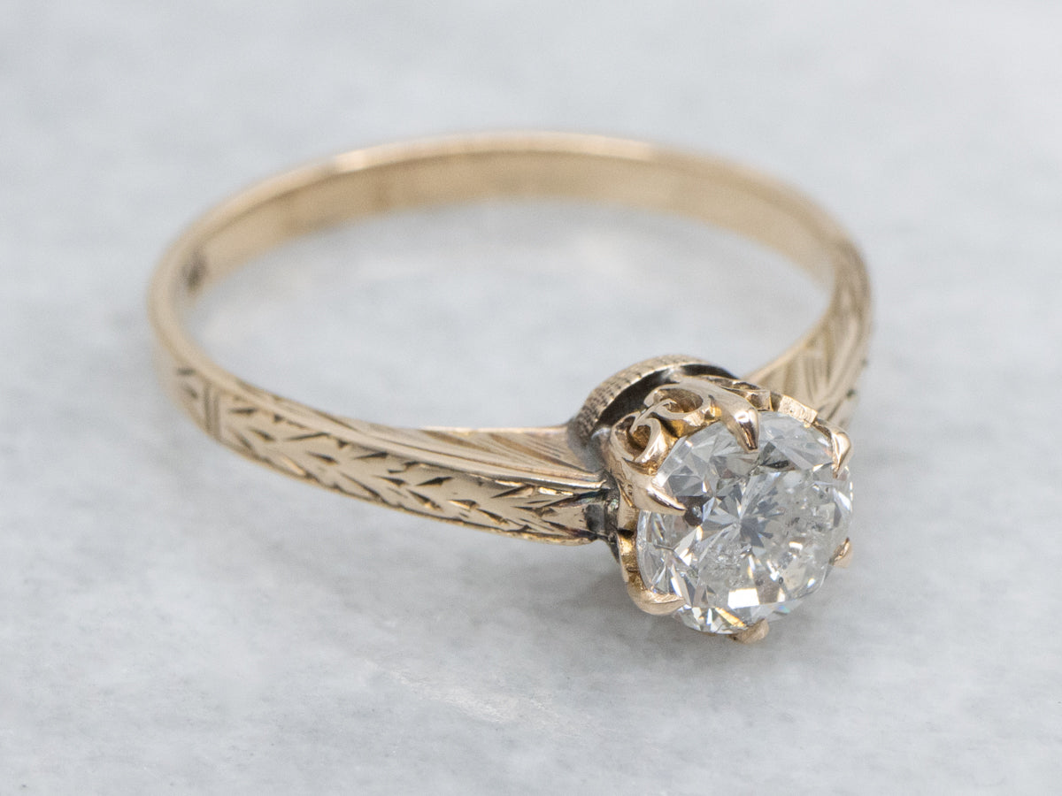 Antique Engraved Gold Diamond Solitaire Engagement Ring