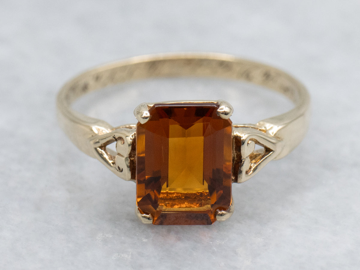 Citrine and Gold Vintage Solitaire Ring with Heart Shoulders